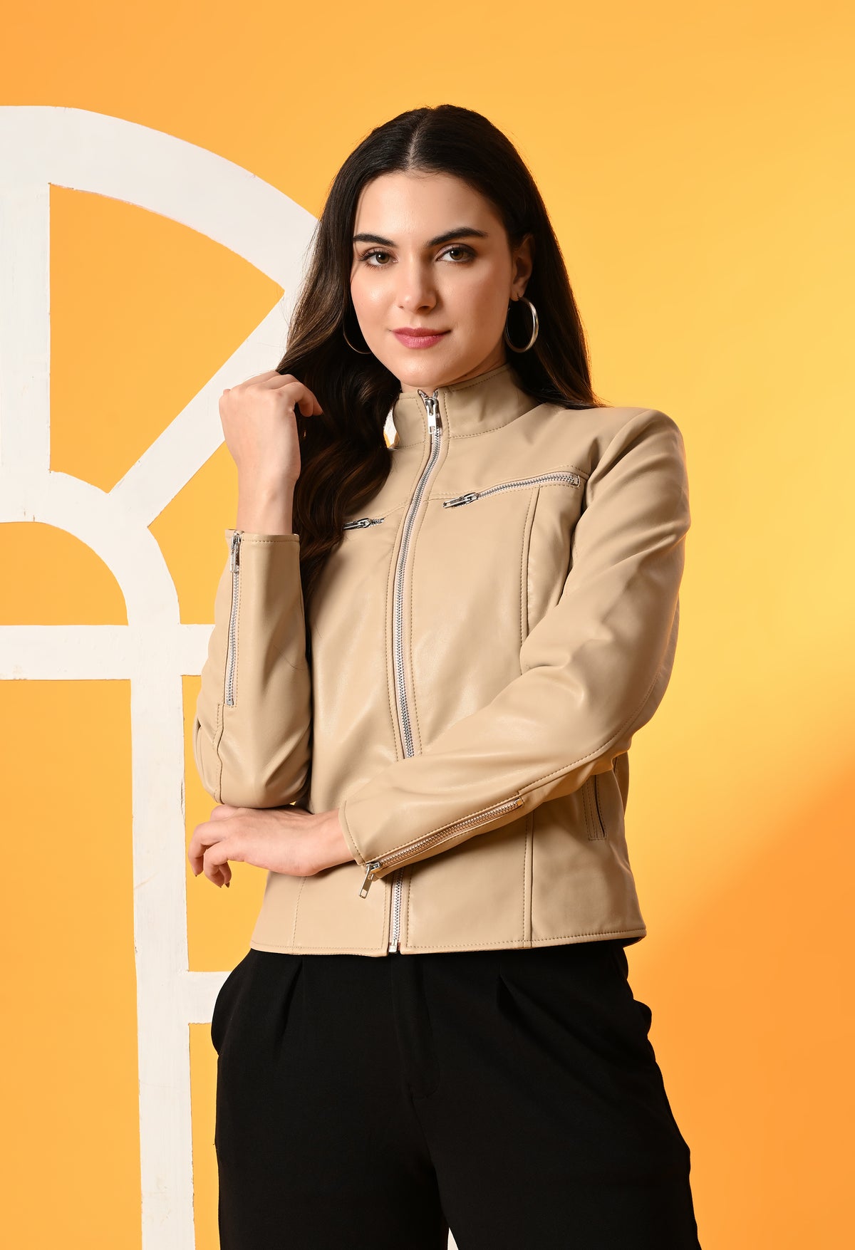 Women Mock Collar Solid Water Resistant Biker Jacket