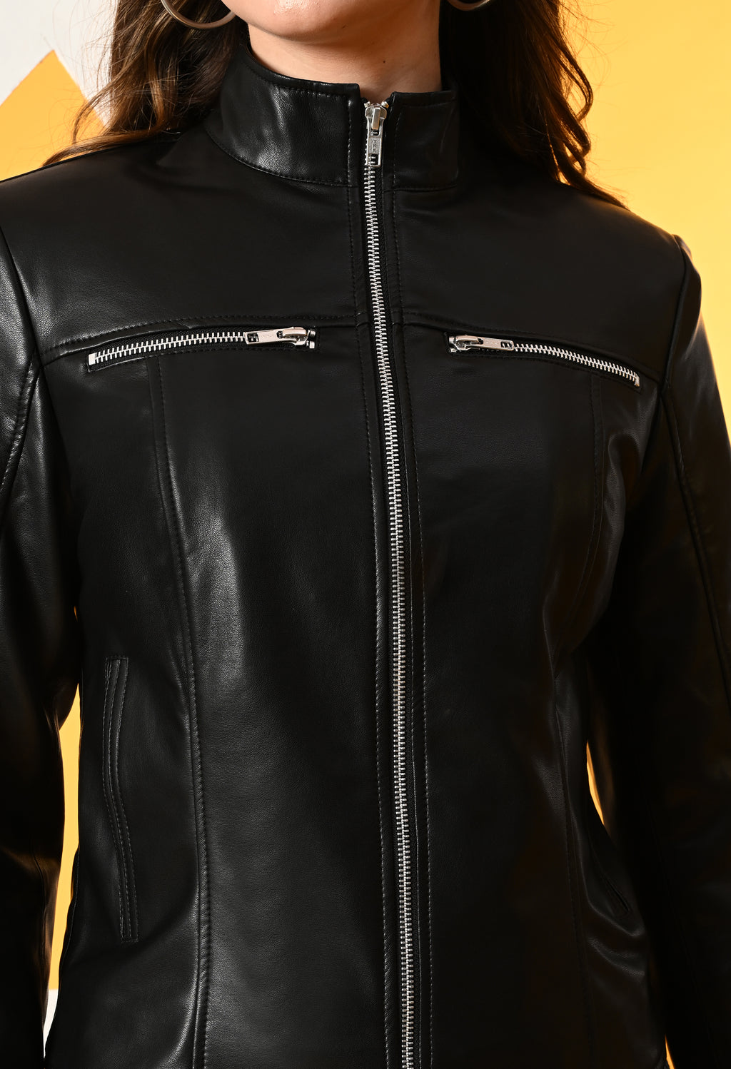 Women Mock Collar Solid Water Resistant Biker Jacket – view 16