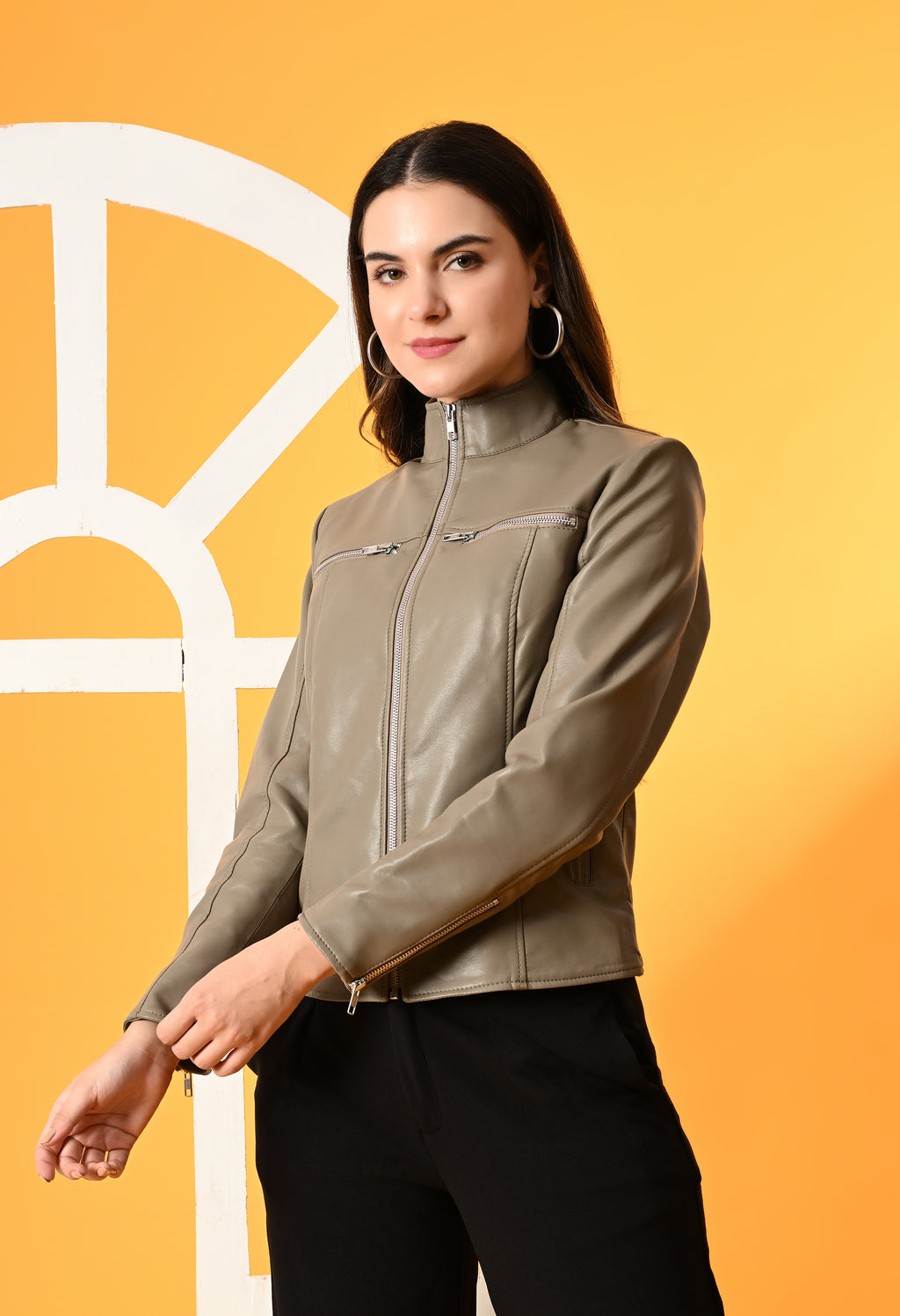 Women Mock Collar Solid Water Resistant Biker Jacket – view 21