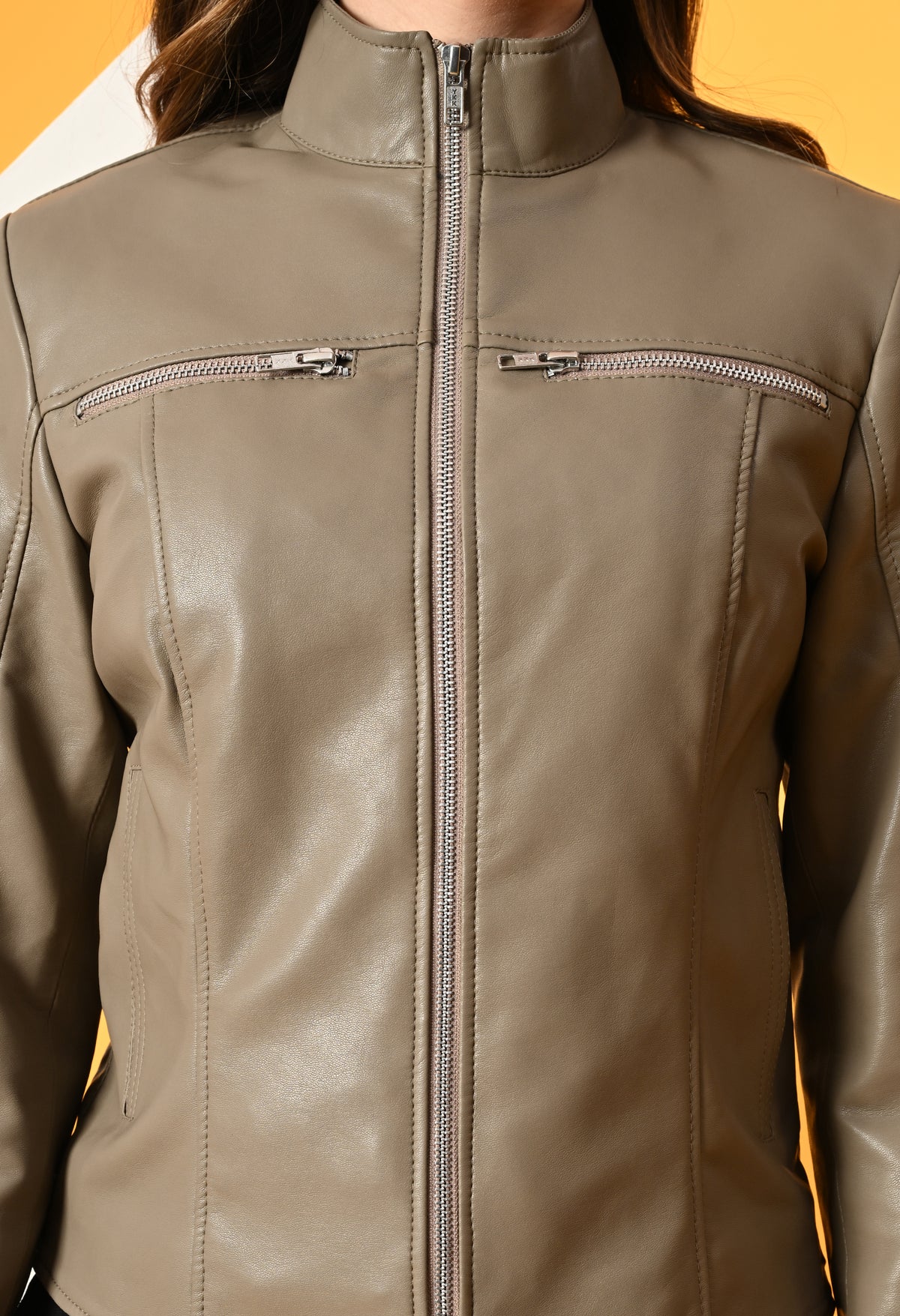 Women Mock Collar Solid Water Resistant Biker Jacket – view 22