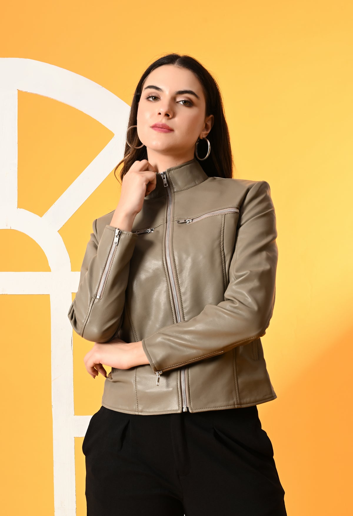 Women Mock Collar Solid Water Resistant Biker Jacket – view 6