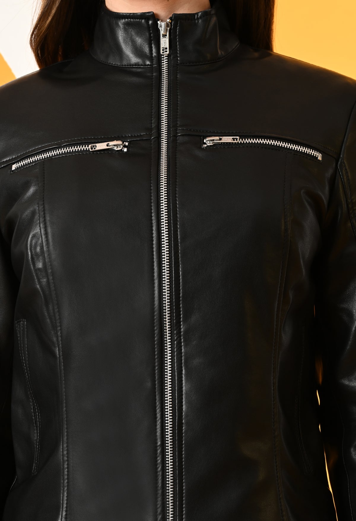 Women Mock Collar Solid Water Resistant Biker Jacket – view 30