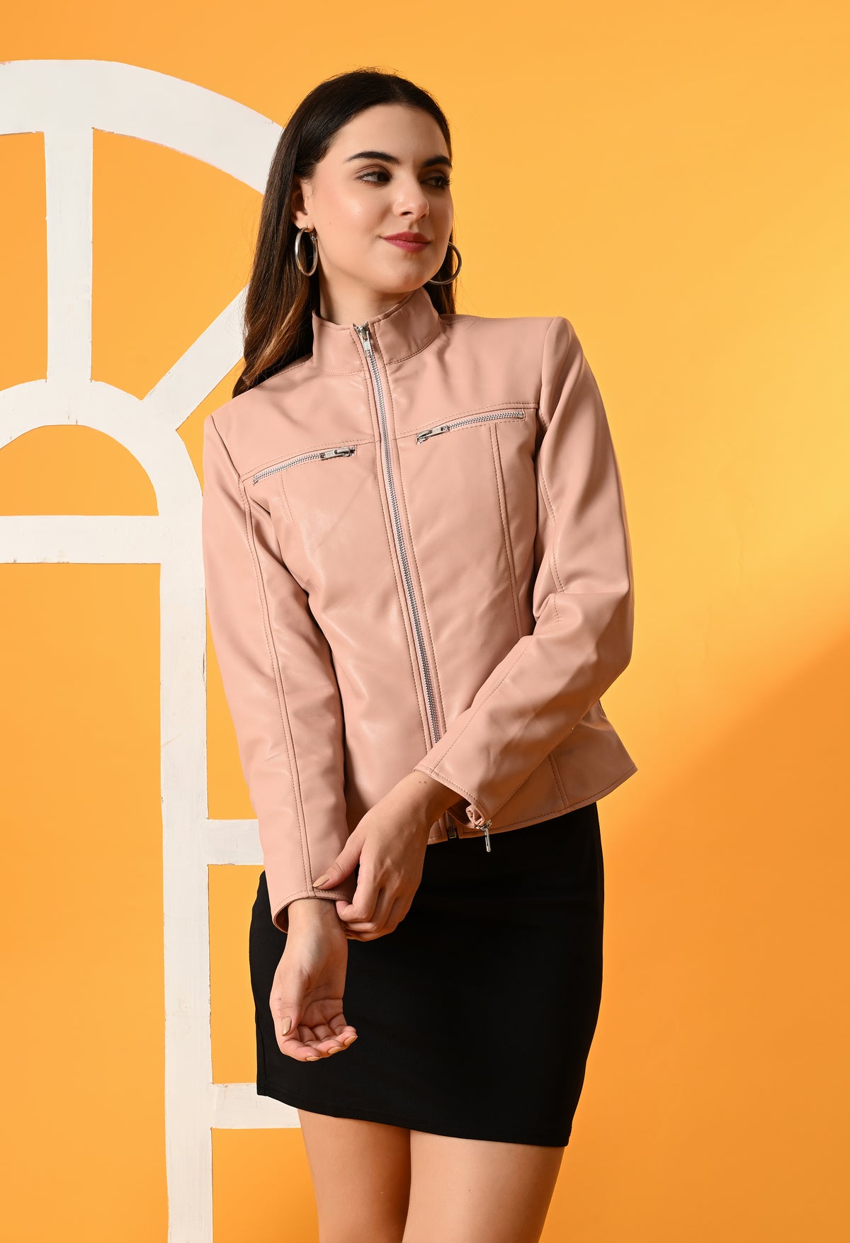 Women Mock Collar Solid Water Resistant Biker Jacket – view 36