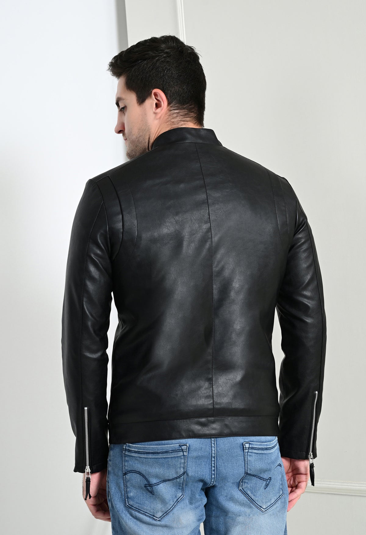 Men Leather Lightweight Black Biker Jacket – view 3