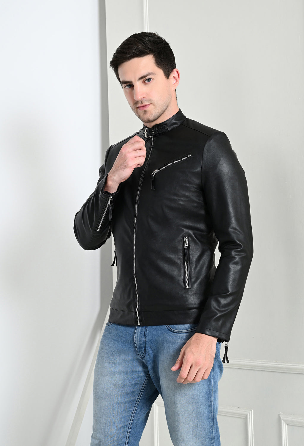 Men Leather Lightweight Black Biker Jacket – view 4