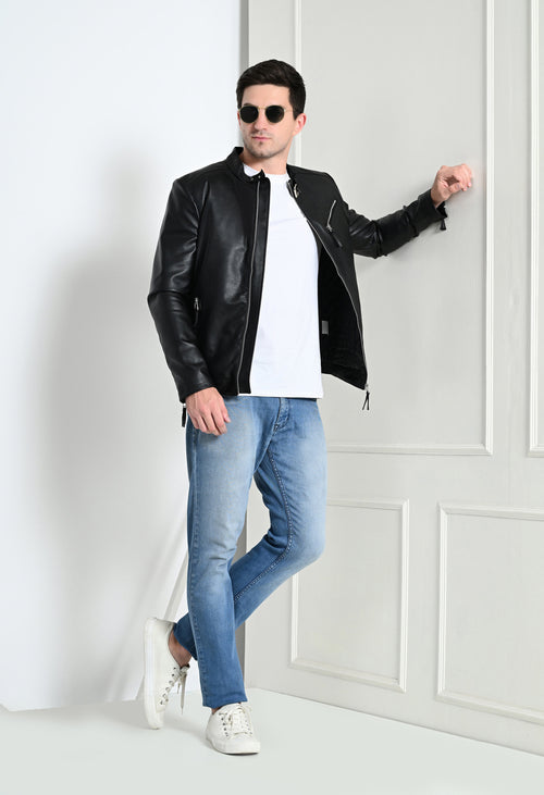 Men Leather Lightweight Black Biker Jacket – view 2