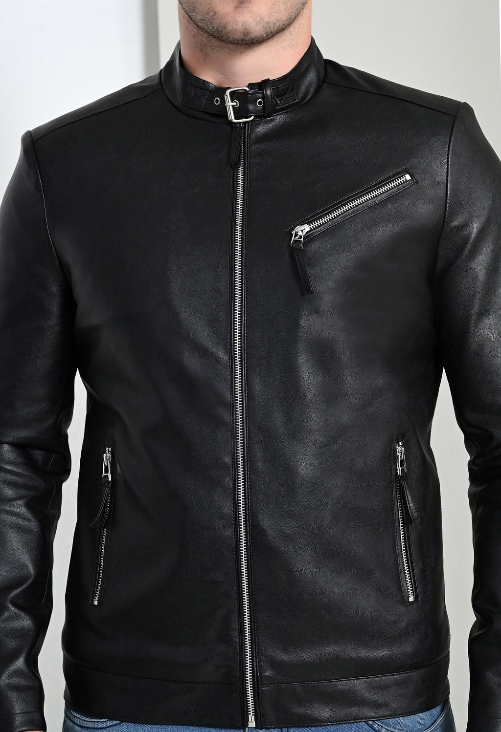 Men Leather Lightweight Black Biker Jacket – view 5