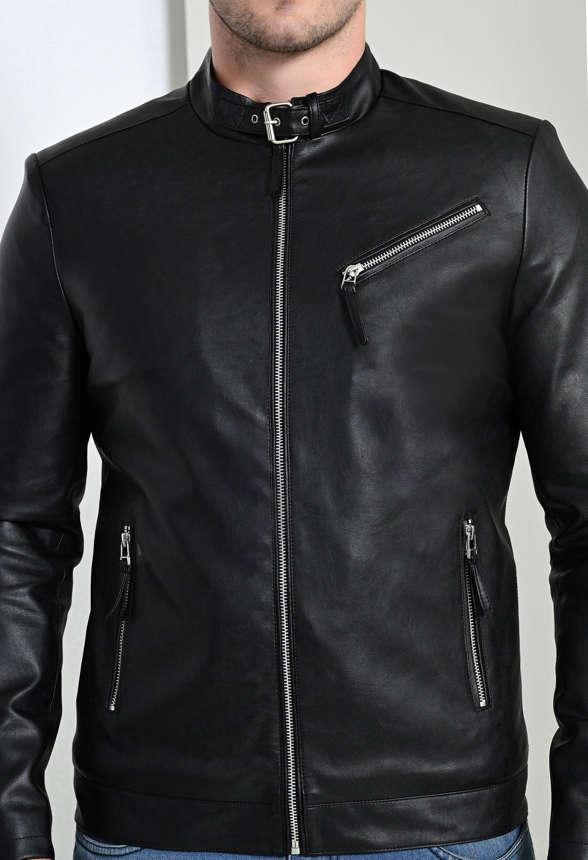 Men Leather Lightweight Black Biker Jacket – view 5