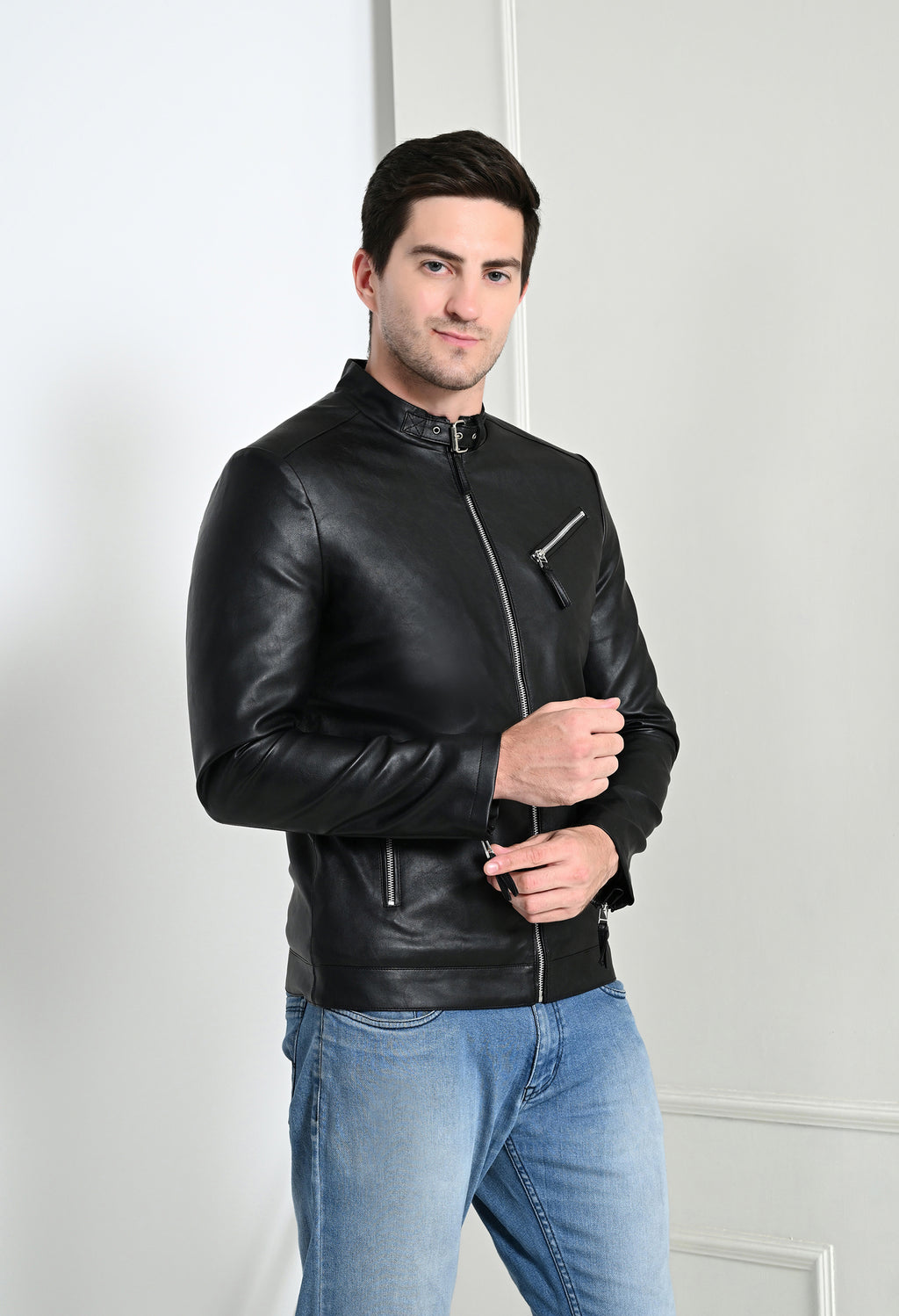 Men Leather Lightweight Black Biker Jacket – view 6
