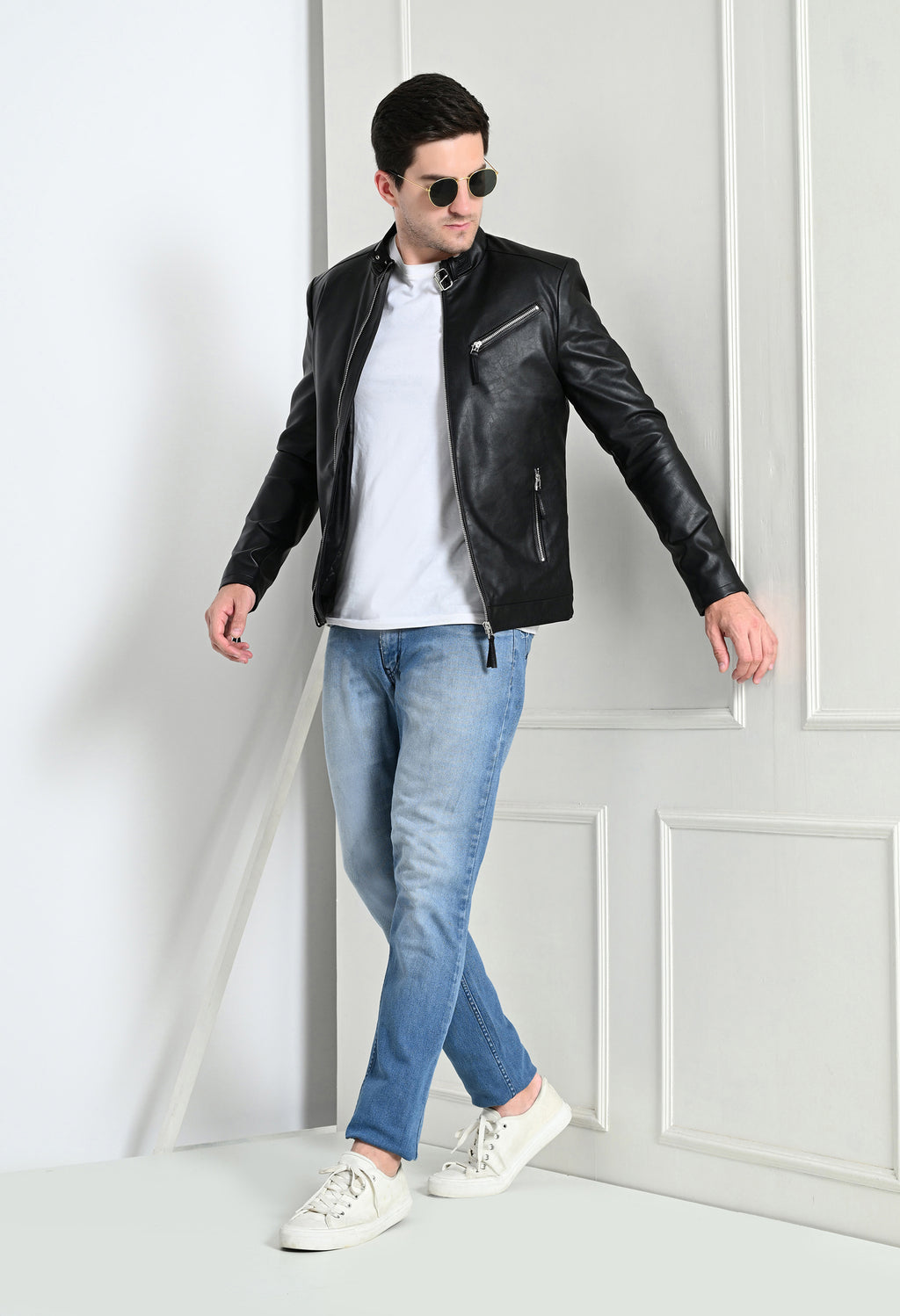 Men Leather Lightweight Black Biker Jacket – view 7