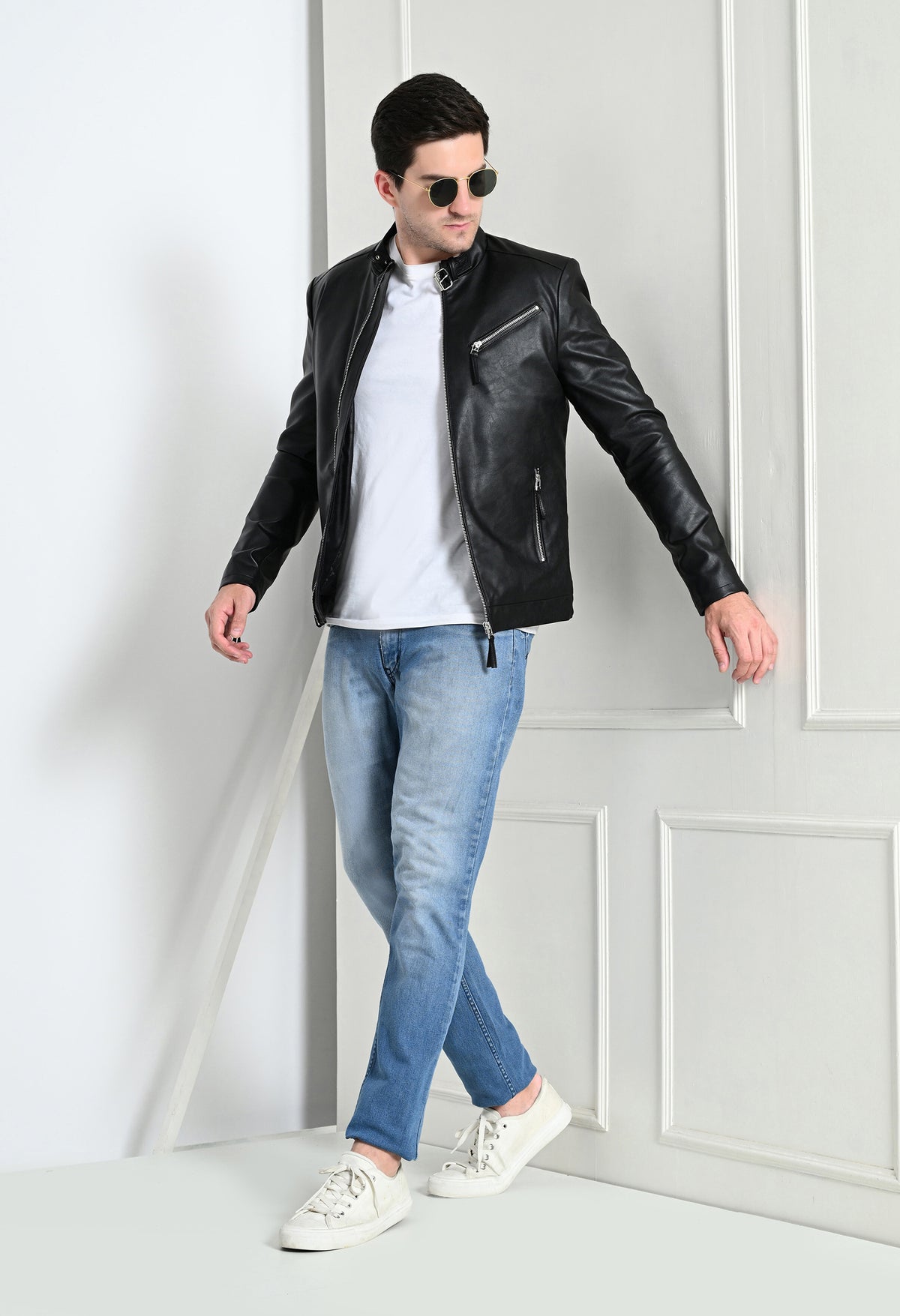 Men Leather Lightweight Black Biker Jacket – view 7