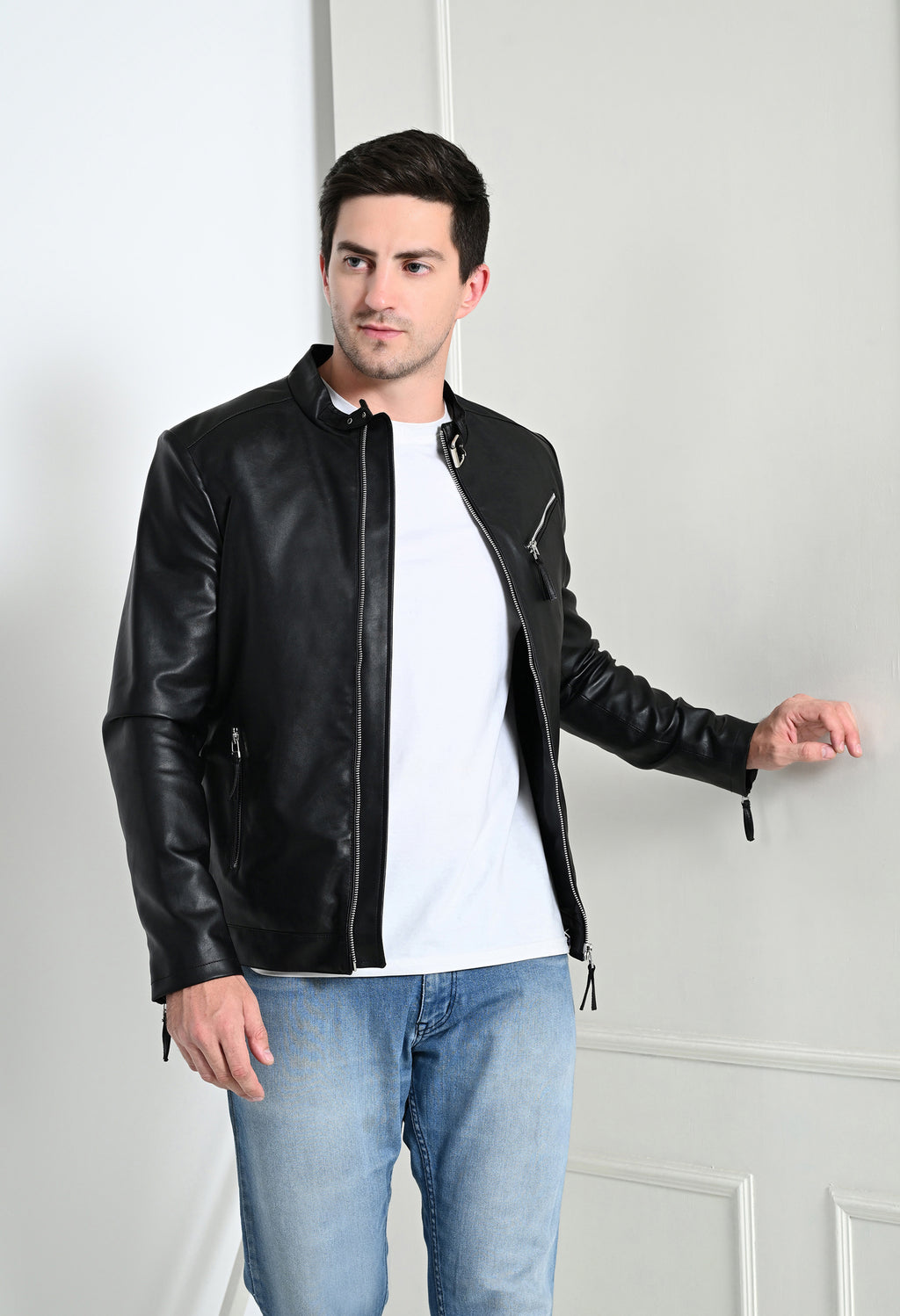 Men Leather Lightweight Black Biker Jacket – view 8