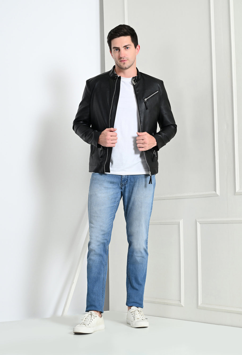 Men Leather Lightweight Black Biker Jacket – view 9