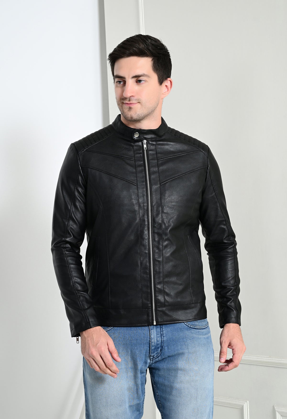 Mandarin Collar Leather Anti Odour Black Jacket for Men