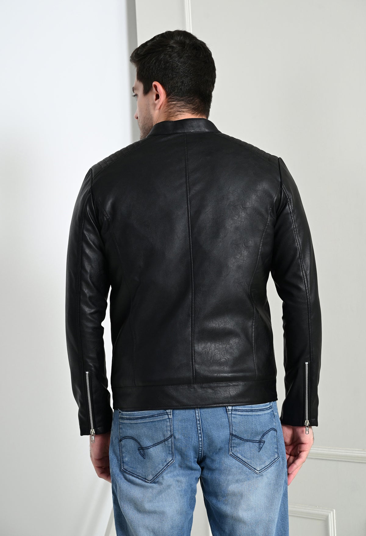 Mandarin Collar Leather Anti Odour Black Jacket for Men – view 2