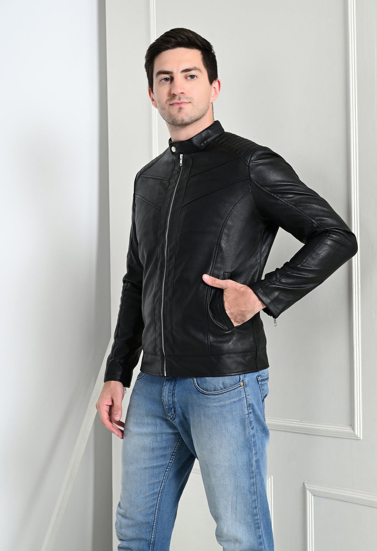 Mandarin Collar Leather Anti Odour Black Jacket for Men – view 3