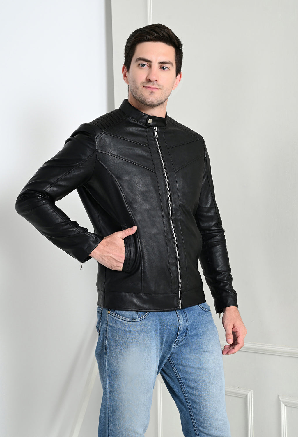 Mandarin Collar Leather Anti Odour Black Jacket for Men – view 4