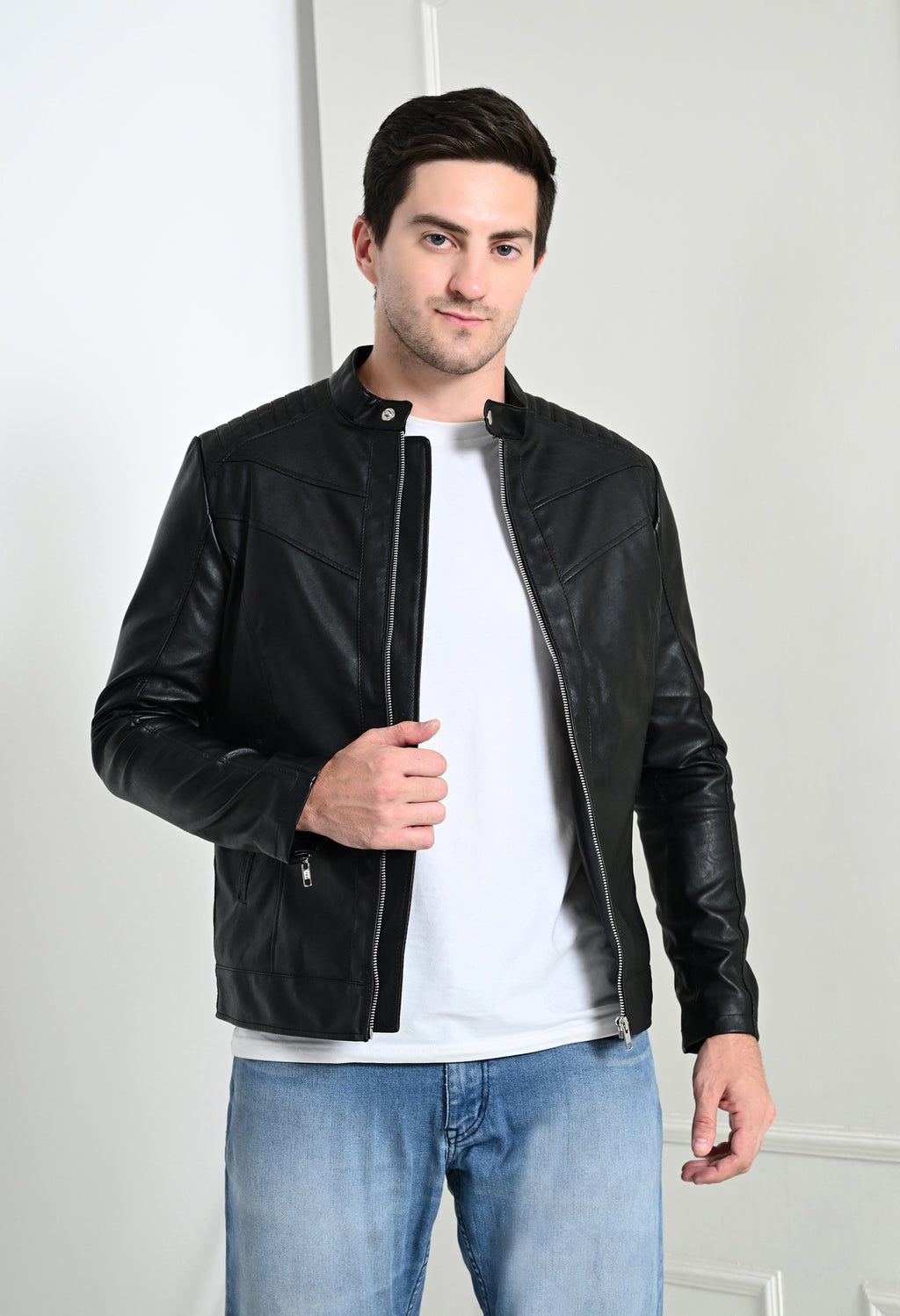 Mandarin Collar Leather Anti Odour Black Jacket for Men – view 5