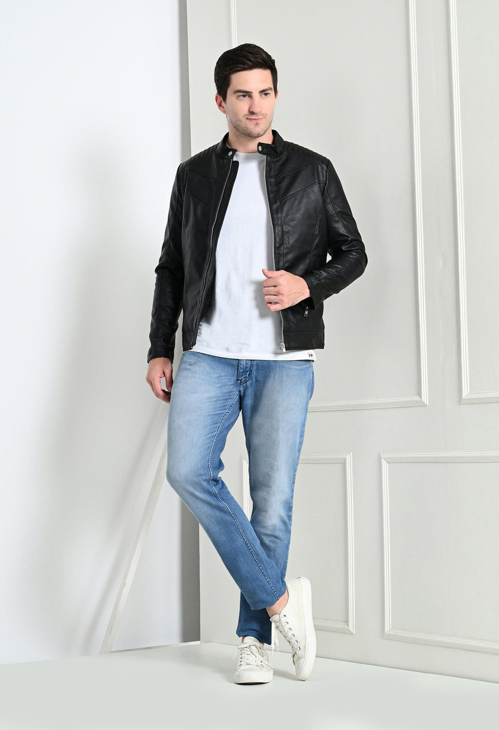 Mandarin Collar Leather Anti Odour Black Jacket for Men – view 6
