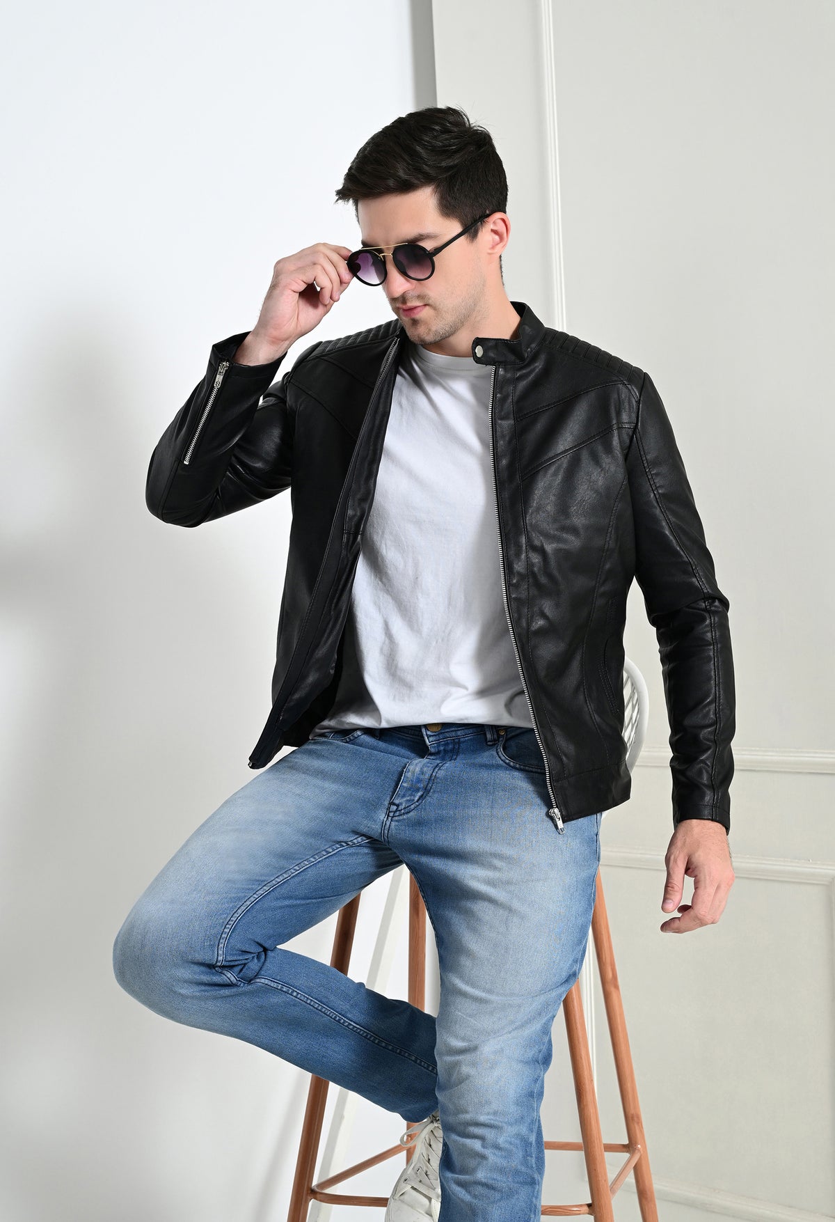 Mandarin Collar Leather Anti Odour Black Jacket for Men – view 7