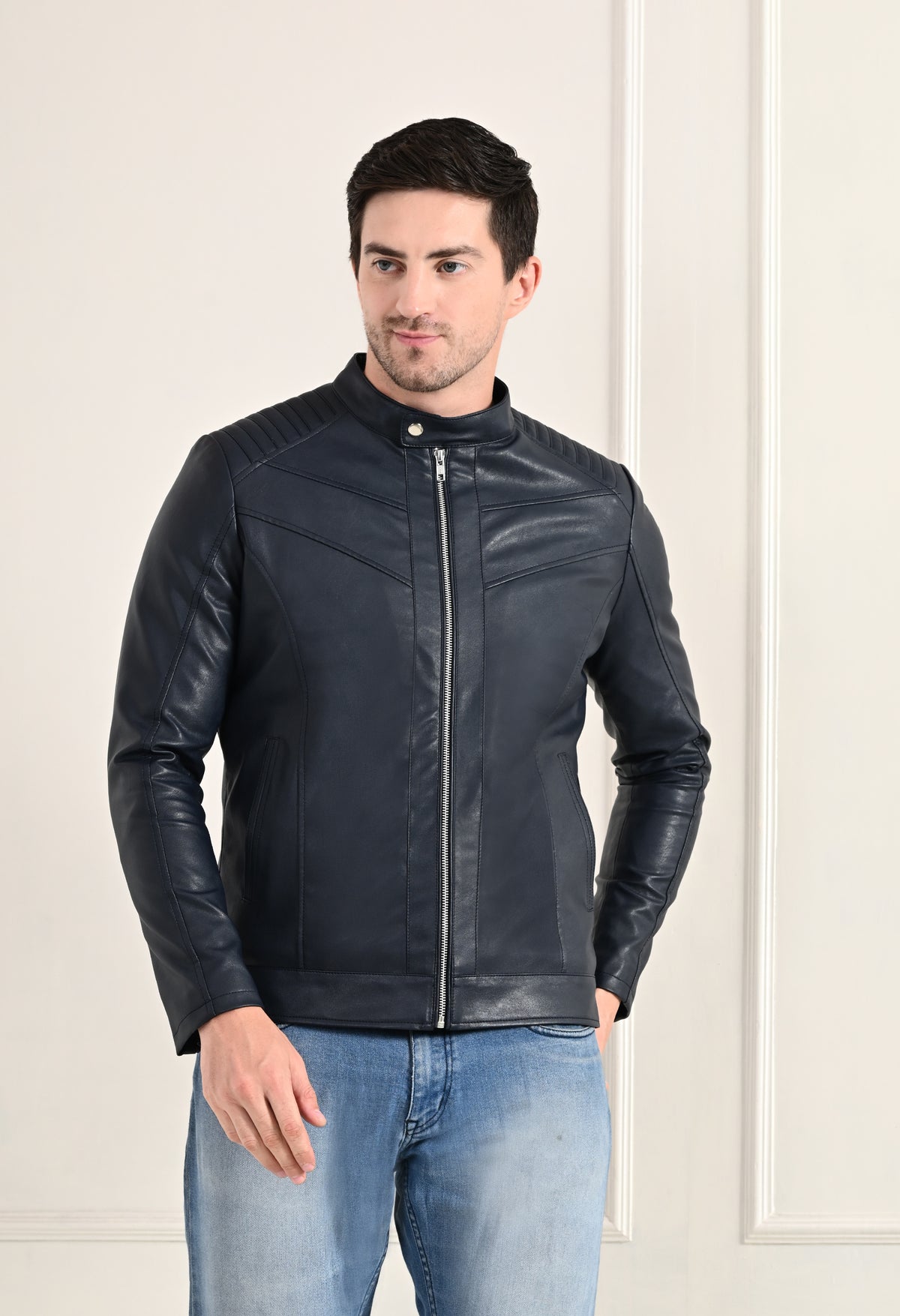 Mandarin Collar Leather Anti Odour Blue Jacket for Men