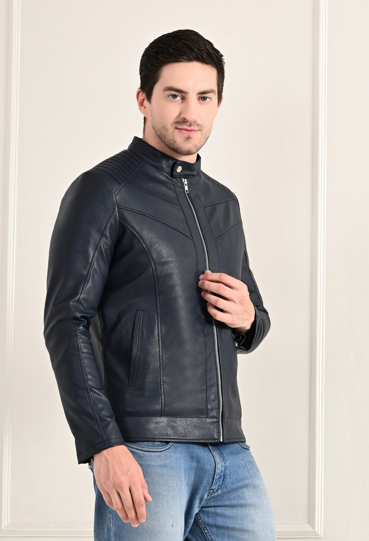 Mandarin Collar Leather Anti Odour Blue Jacket for Men – view 2