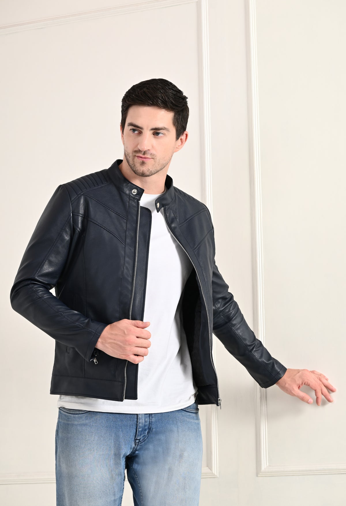 Mandarin Collar Leather Anti Odour Blue Jacket for Men – view 3
