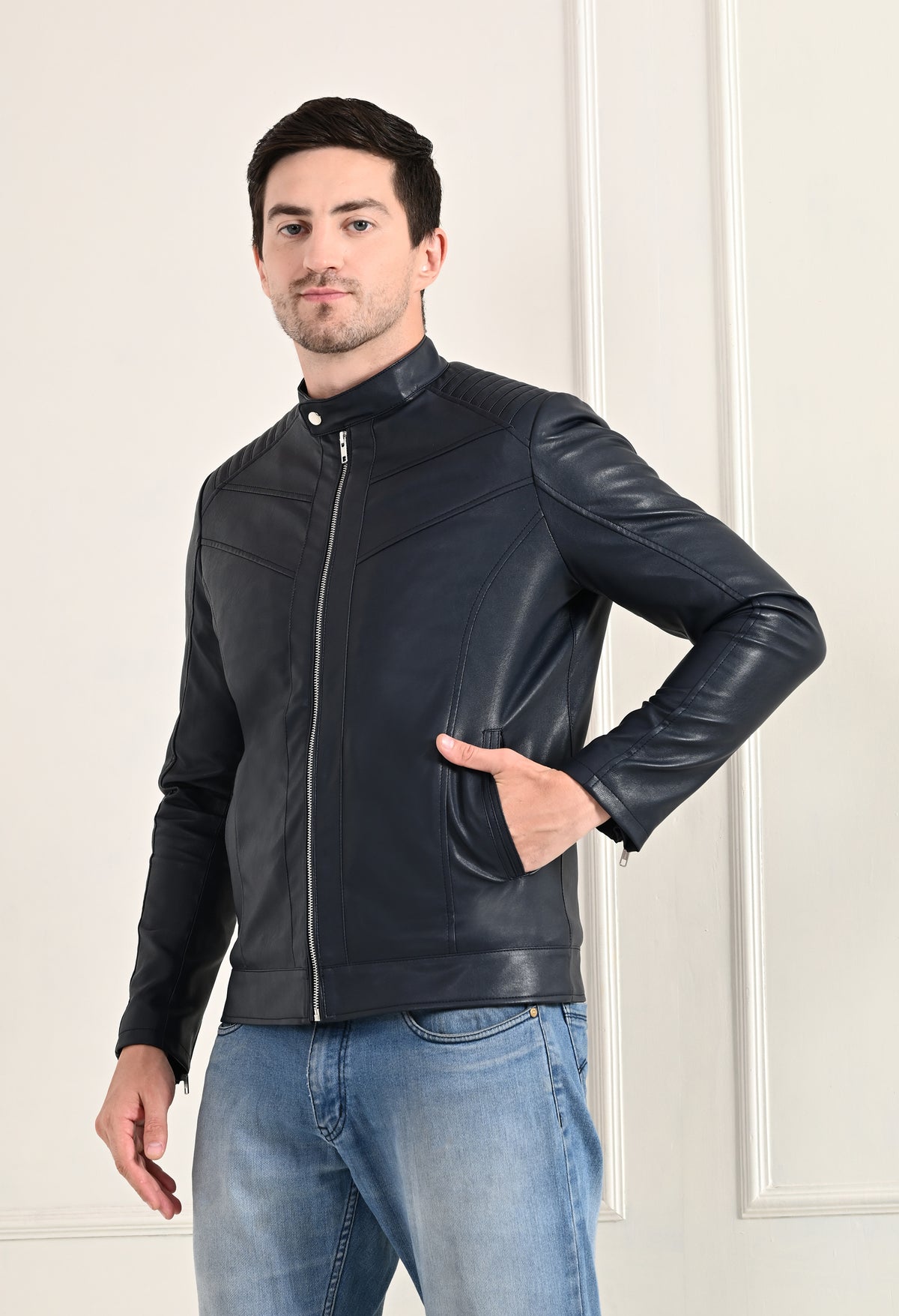 Mandarin Collar Leather Anti Odour Blue Jacket for Men – view 4