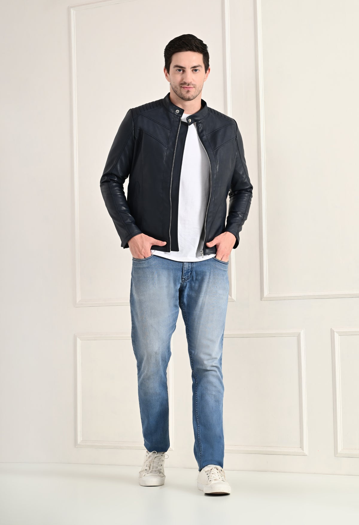 Mandarin Collar Leather Anti Odour Blue Jacket for Men – view 5