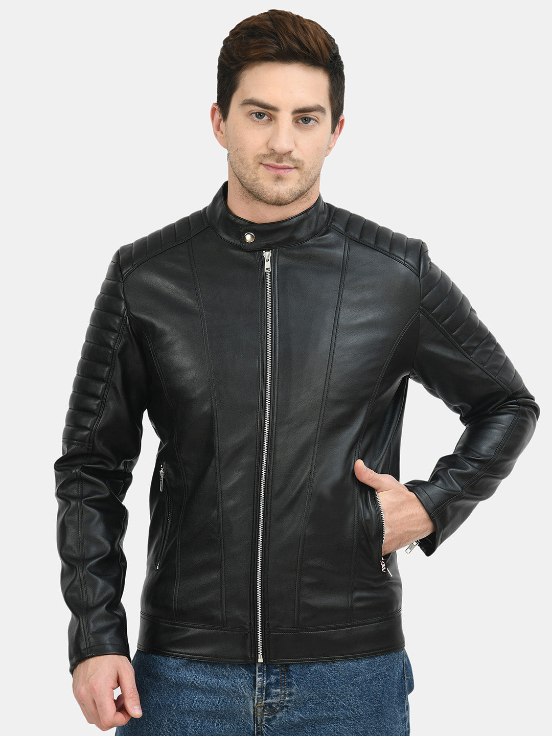 Anti Odour Black Leather Bomber Jacket For Men – view 2