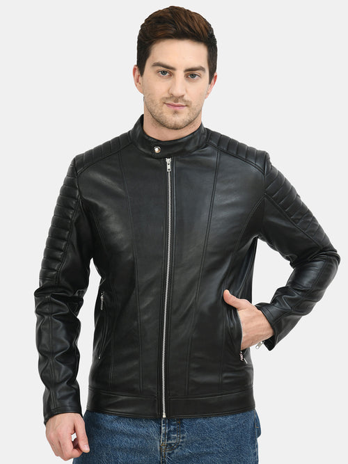 Anti Odour Black Leather Bomber Jacket For Men – view 2