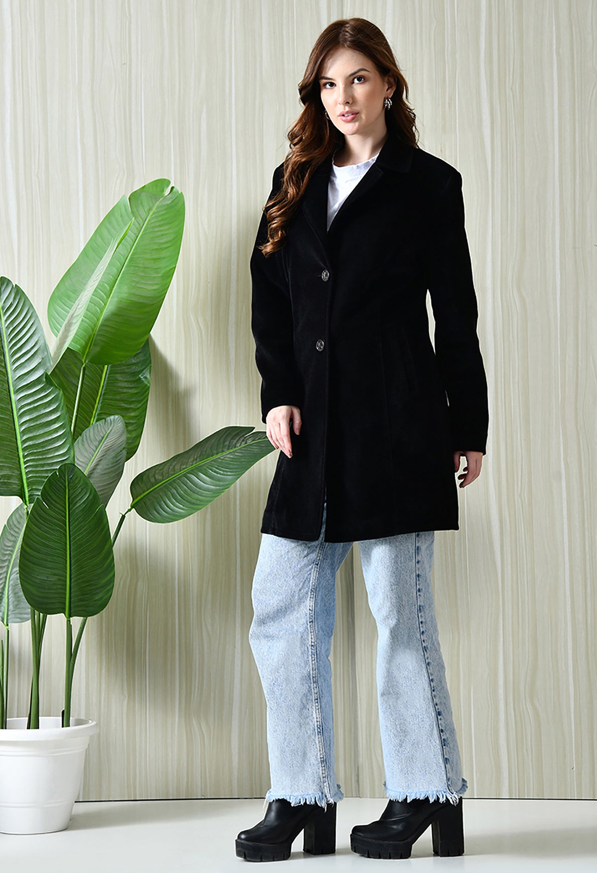 Notched Lapel Longline Trench Black Coat For Women – view 2