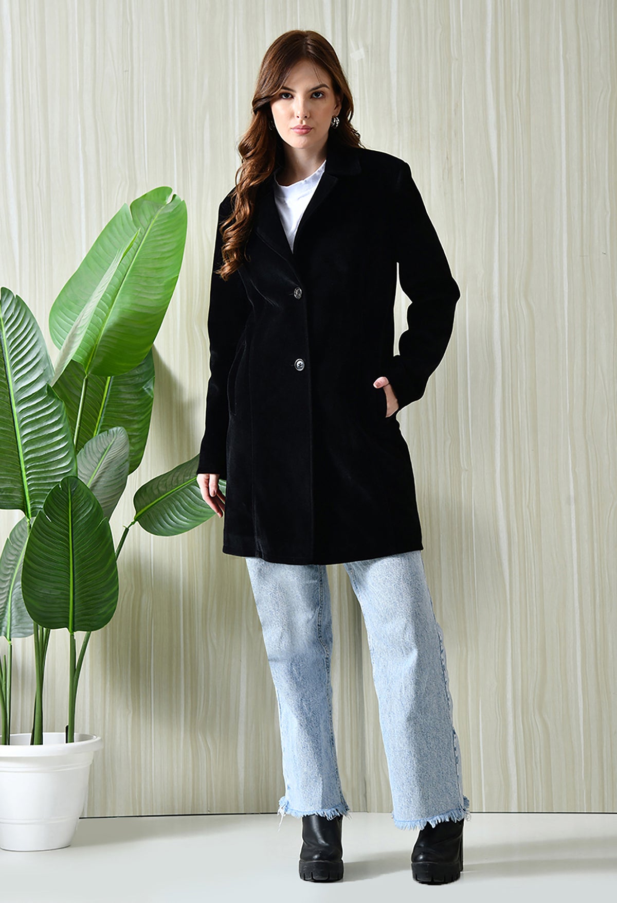 Notched Lapel Longline Trench Black Coat For Women – view 4