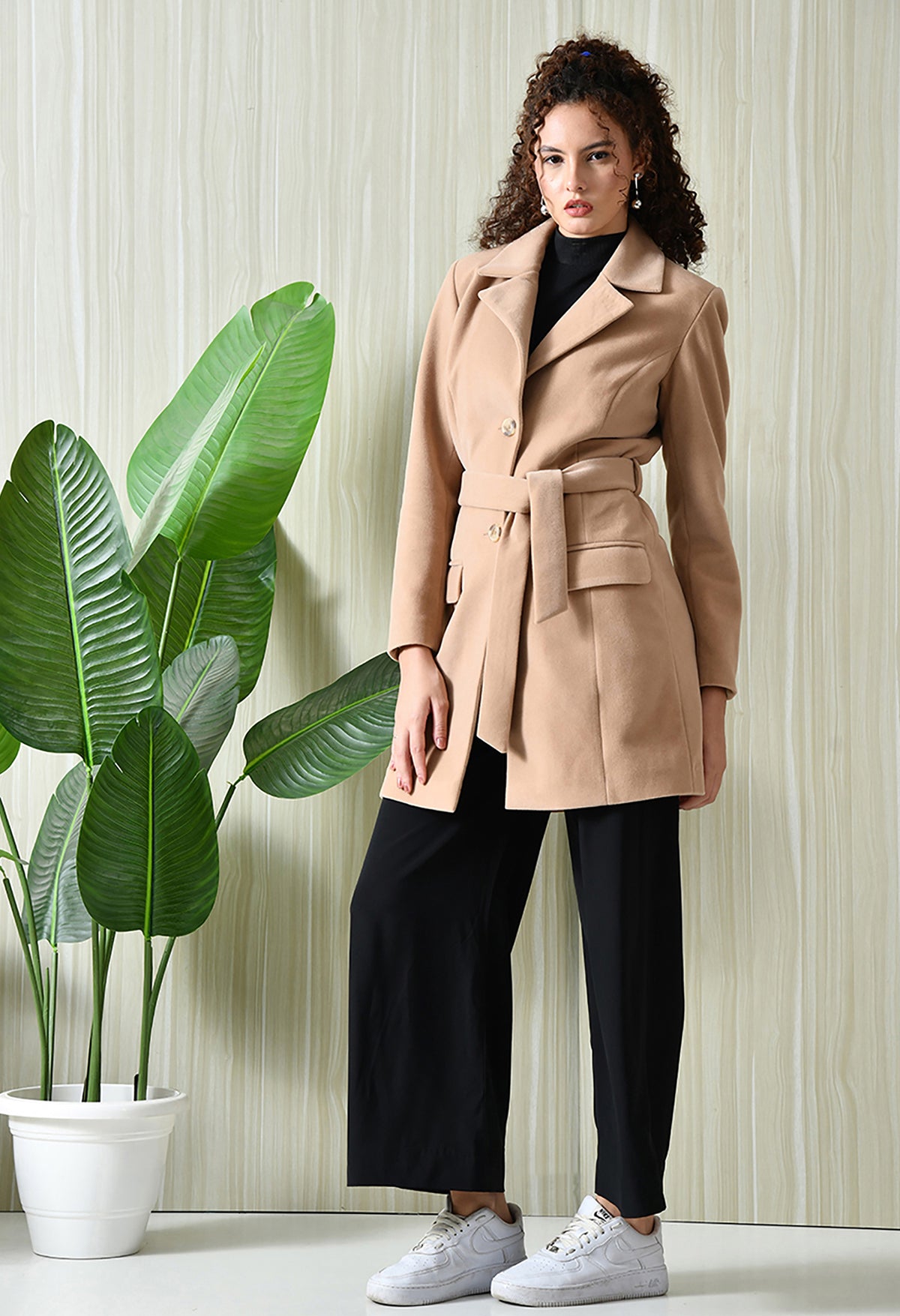 Women Single-Breasted Longline Trench Beige Coat With Belt – view 4