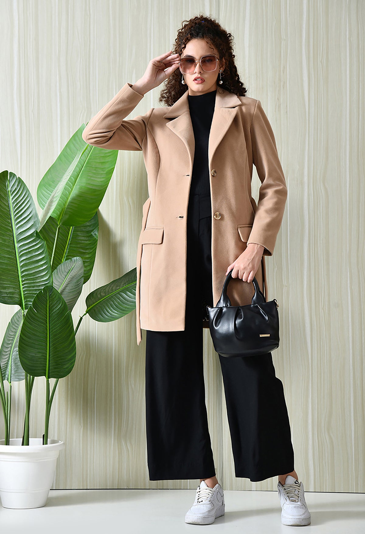 Women Single-Breasted Longline Trench Beige Coat With Belt – view 2