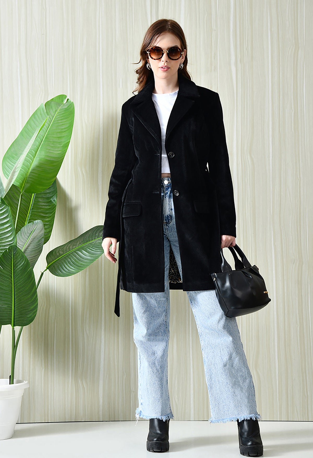 Women Single-Breasted Longline Trench Black Coat With Belt – view 5