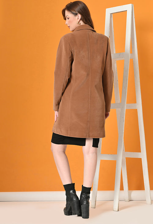 Notched Lapel Longline Trench Tan Coat For Women – view 2